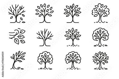 Trunk stylized under icons tree autumn fallen shape leaves vector icon