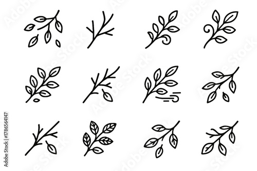 Branch twig bare vector detailed scattered autumn falling minimal leaves icon