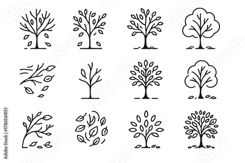 Leaves falling tree icons detailed vector scattered icon outline autumn fallen