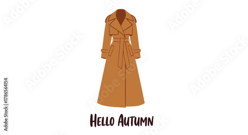 Stylish long tan trench coat with belt and buttons perfect for autumn fashion and seasonal greetings