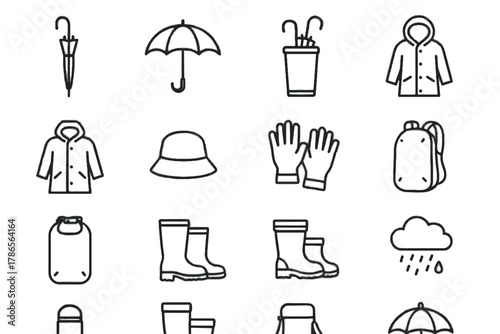 Boots icons waterproof cover gloves rubber raincoat rainy hooded day icon vector