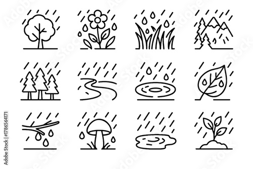 Tree ground mountain grass rainy water day raindrops rain icon vector drops