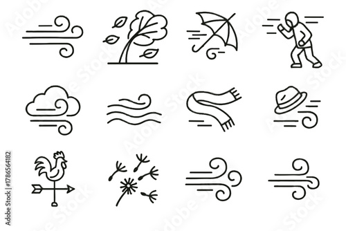 Person weather umbrella icon vector bending blowing away against icons wind windy