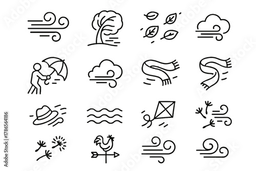 Turning kite weather storm icon cloud windy umbrella vector gusts dandelion icons