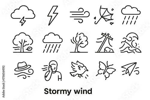 Vector bolt icon blowing set shaking weather air person pole umbrella cloud