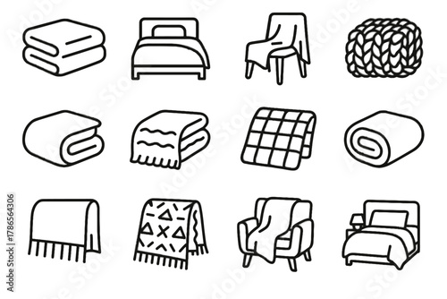 Vector knitted bed pattern throw icon cozy setup blanket roll