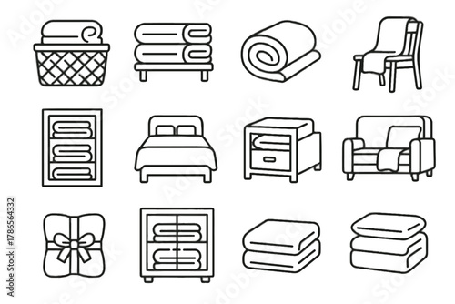 Inside over rolled linen basket storage folded icons vector blanket bed icon