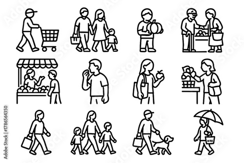 Shopping icons pumpkin visit talking vector shopper basket market person icon browsing