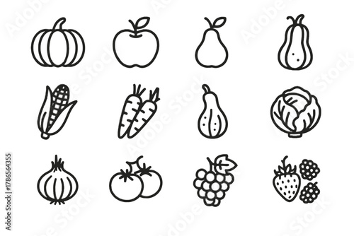 Carrots onions pumpkins gourds squash pears produce corn cabbage icons vector icon