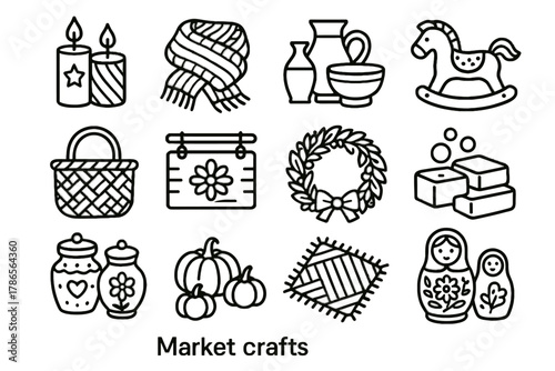 Autumn icon craft wooden candles icons bars knitted vector decorative market figurines