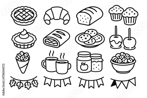 Autumn pumpkin caramel muffins strudel vector icons market apple roasted cups nuts