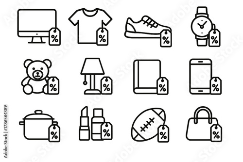 Shoes equipment icons gadgets accessories clothing icon electronics discount items bags kitchenware