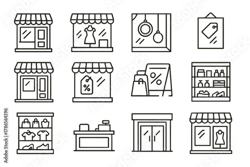Modern discount view display banner door storefront vector shelves interior icons icon