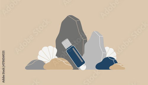 A set of unique rock formations on a beach with an essential oil roller and shell elements creating a natural harmony.