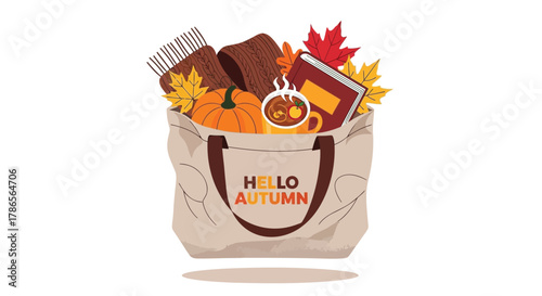 Cozy autumn tote bag filled with seasonal treats and decorations for fall celebration