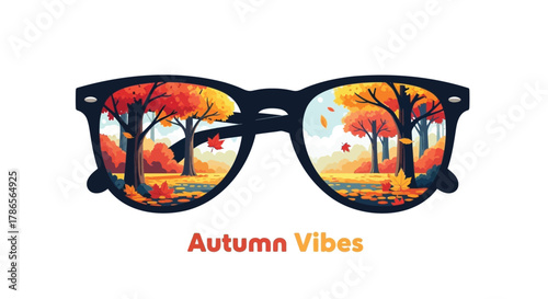 Stylish black sunglasses reflecting vibrant autumn trees and colorful fall foliage landscape