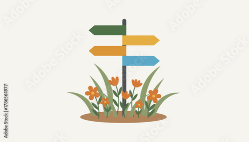 A road sign pointing in multiple directions surrounded by wildflowers and tall grass symbolizing the adventure of choosing ones own path.