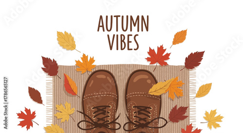 Cozy autumn vibes illustrated with brown leather boots on a rug surrounded by falling leaves