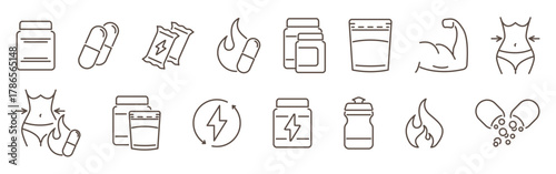 Fitness nutrition, protein powder and sport supplements linear vector icons set. Editable stroke symbols isolated on transparent background for health and gym projects.