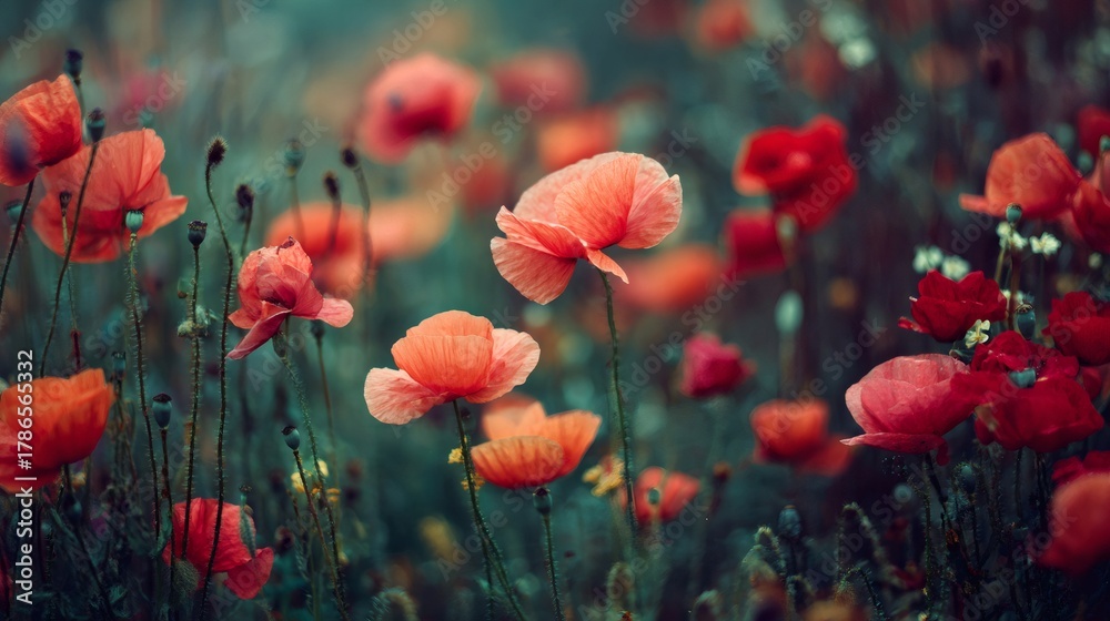 Obraz premium Poppies blooming with soft focus and bokeh creating a dreamy, abstract spring and summer floral background