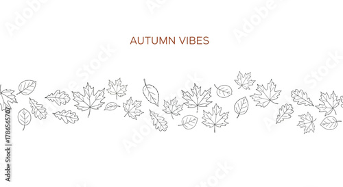 Delicate black and white line art illustration of falling autumn leaves with the text autumn vibes