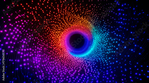 Colorful lights neon digital abstract concentric circles tunnel vortex vibrant glowing starburst radiant luminous futuristic cosmic energy visual effects