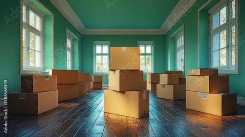 Bright, empty room with teal walls and dark hardwood floors filled with numerous cardboard moving boxes, suggesting recent relocation or fresh start in new home
