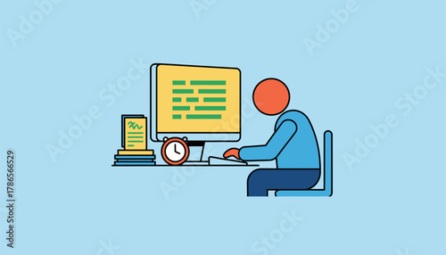 A child practicing typing skills on a computer with notes and a timer set nearby capturing the essence of a structured learning moment.