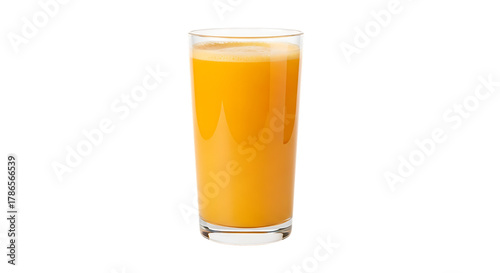 Tall clear glass filled with vibrant orange juice and a frothy top, isolated on a transparent background, cutout, PNG