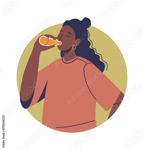 Thirsty woman character drinking lemonade