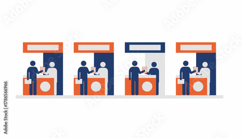 A recruitment fair atmosphere with job seekers interacting with HR representatives at various booths handing out resumes and informational brochures.