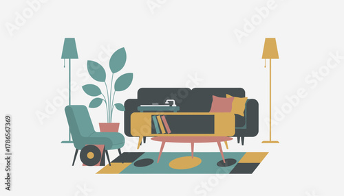 A living room with a curation of retro furniture showcasing a turntable and vinyls as the centerpiece of the design.