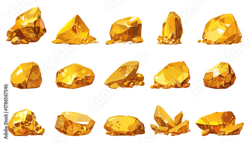ore, gold, metal, chunk, set, vector, illustration, stone, yellow, shiny, beautiful, expensive, precious
