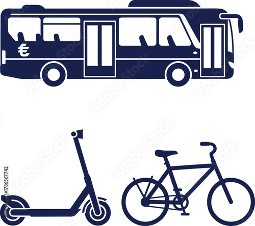Bus, electric scooter, and bicycle representing different modes of transport public transport