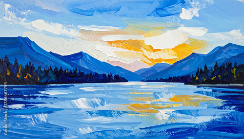 Oil painting of vibrant sunset over serene mountain river, blue and white tones, hand drawn art.