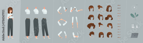 Stylish Businesswoman Character Constructor in Cartoon Design. Vector Set with Editable Poses, Limbs, Hairstyles, And Clothes. European Female Design For Creative Custom Projects