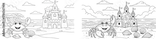 Cartoon Crabs and Sandcastles on a Beach with Waves Keywords: crab, crustacean, beach, sandcastle, castle, ocean, sea, waves, water