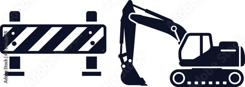 Construction Barrier and Excavator Icon on White Background roadblock digger