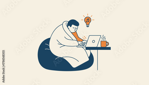 A songwriter huddled in a blanket with a laptop writing furiously in the small hours of the morning fueled by creativity and caffeine.