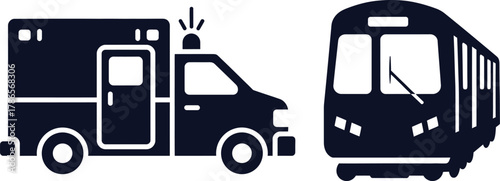 Dark Blue Ambulance and Train Silhouettes on a White Background vector illustration