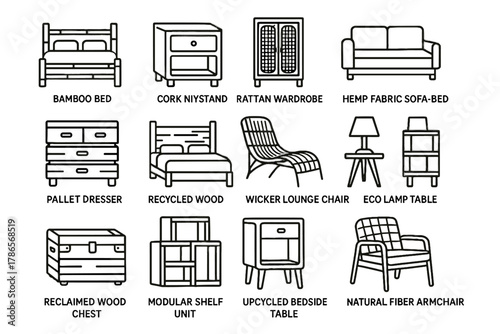 Chair bed bedroom icons fiber wood wardrobe upcycled vector hemp lounge icon