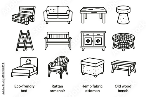 Bench eco recycled friendly old ottoman armchair furniture icon vector sofa wood