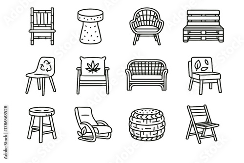 Chair icon eco sofa stool fiber icons pallet natural seating vector hemp