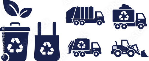 Dark blue icons of recycling bin garbage truck loader and leaves vector