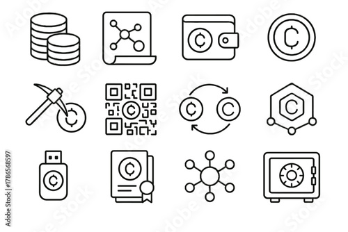 Wallet pickaxe crypto coin blockchain qr cryptocurrency vector app set vault icon