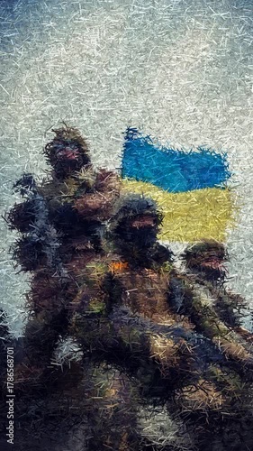 Three Armed Ukrainian Soldiers Positioned on Military Vehicle with National Flag Waving Against Cloudy Sky, Animation Made of Sharp Fragments