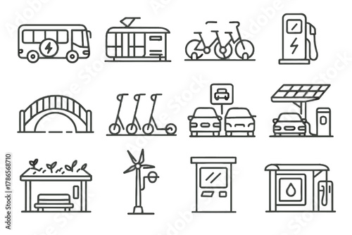 Icon light eco scooter hydrogen electric pedestrian bridge tram station transport vector