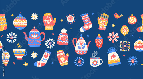 Cozy Scandinavian Winter Seamless Border Pattern with Teapots, Mittens and Socks, Hygge Holiday Vector