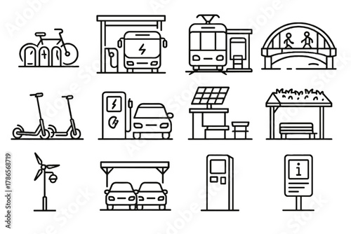 Stop terminal multimodal eco shelter parking tram vector machine icon light scooter