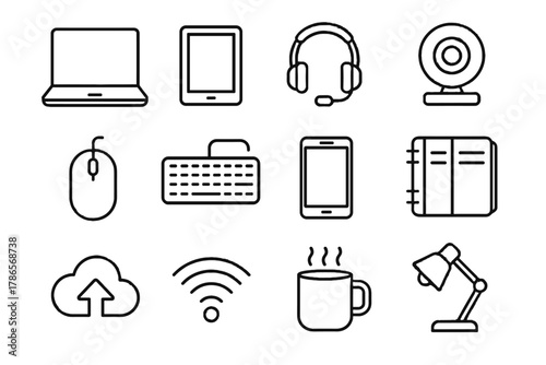 Coffee work headset mug tablet mouse webcam symbol keyboard remote vector icon